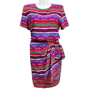 Vintage 80s J Stevens Women’s Dress 16 Bold Stripe Print Belted Midi USA Made